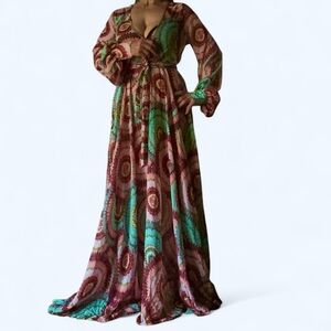 Meghan Los Angeles  Maxi Dress Summer V-Neck Balloon Sleeves Boho Party Formal S